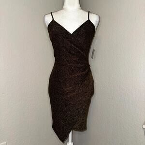 Charlotte Russe Wrap Mini Dress Womens Medium Gold Glitter Asymmetrical Hem NWT